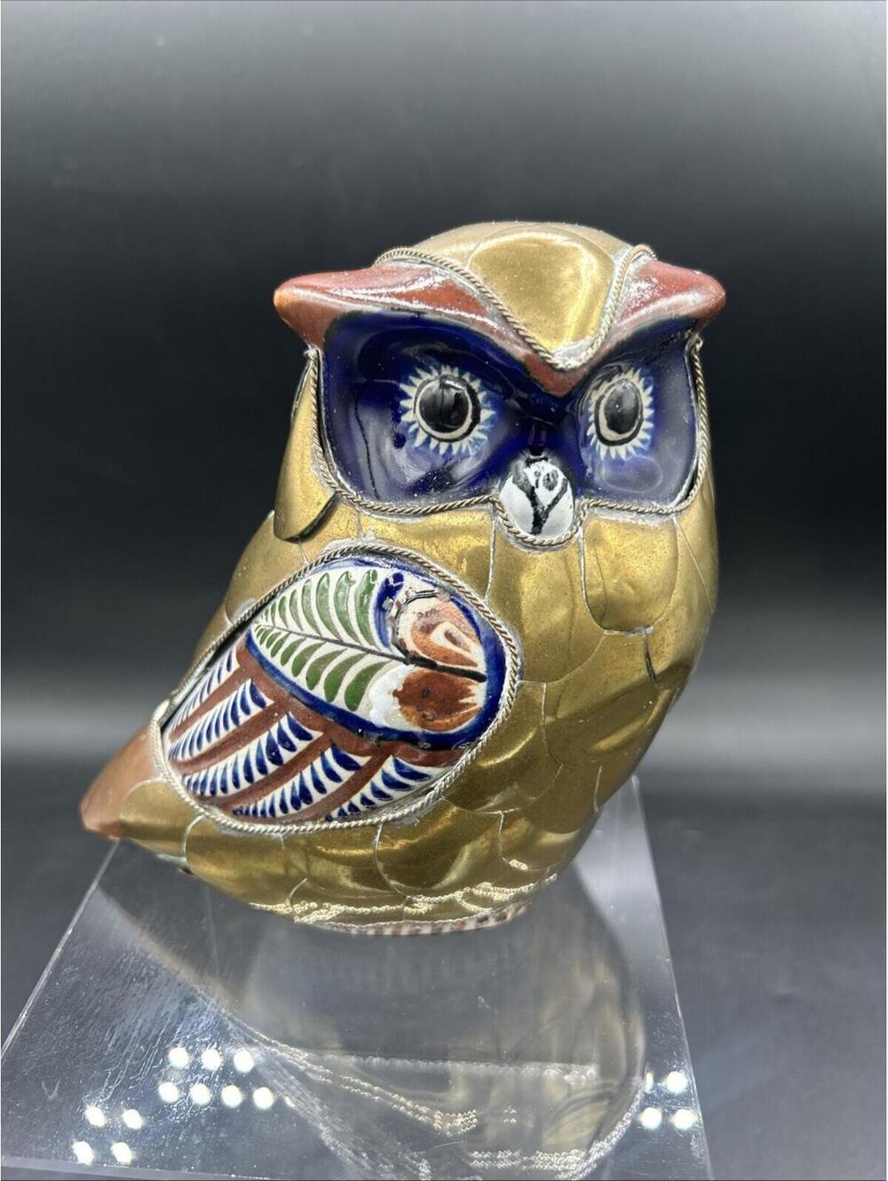 Vintage Tonala Brass and Pottery Owl Figurine Folk Art Blue White Porcelain MCM
